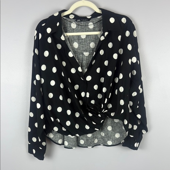 Zara Linen Blend Polka Black and White Wrap Blouse with Long Sleeves Size Large - Picture 2 of 11
